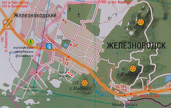 Расположение участков на карте города Железноводска. Точками с номерами обозначено положение участков.